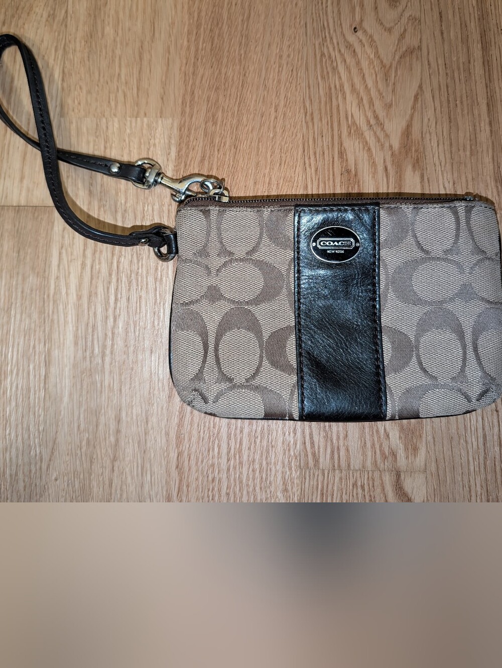 Coach Tan Signature Canvas Wristlet with Black Leather Accent